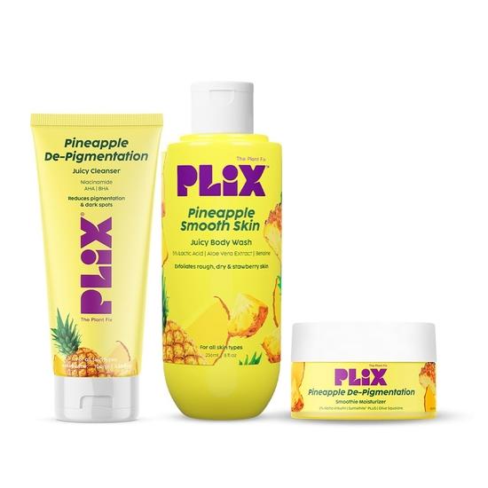 

PLIX - THE PLANT FIX Ананасовый режим депигментации для свежести, яркости | С очищающим средством Juicy, гелем для душа и увлажняющим средством | Уменьшает пигментацию