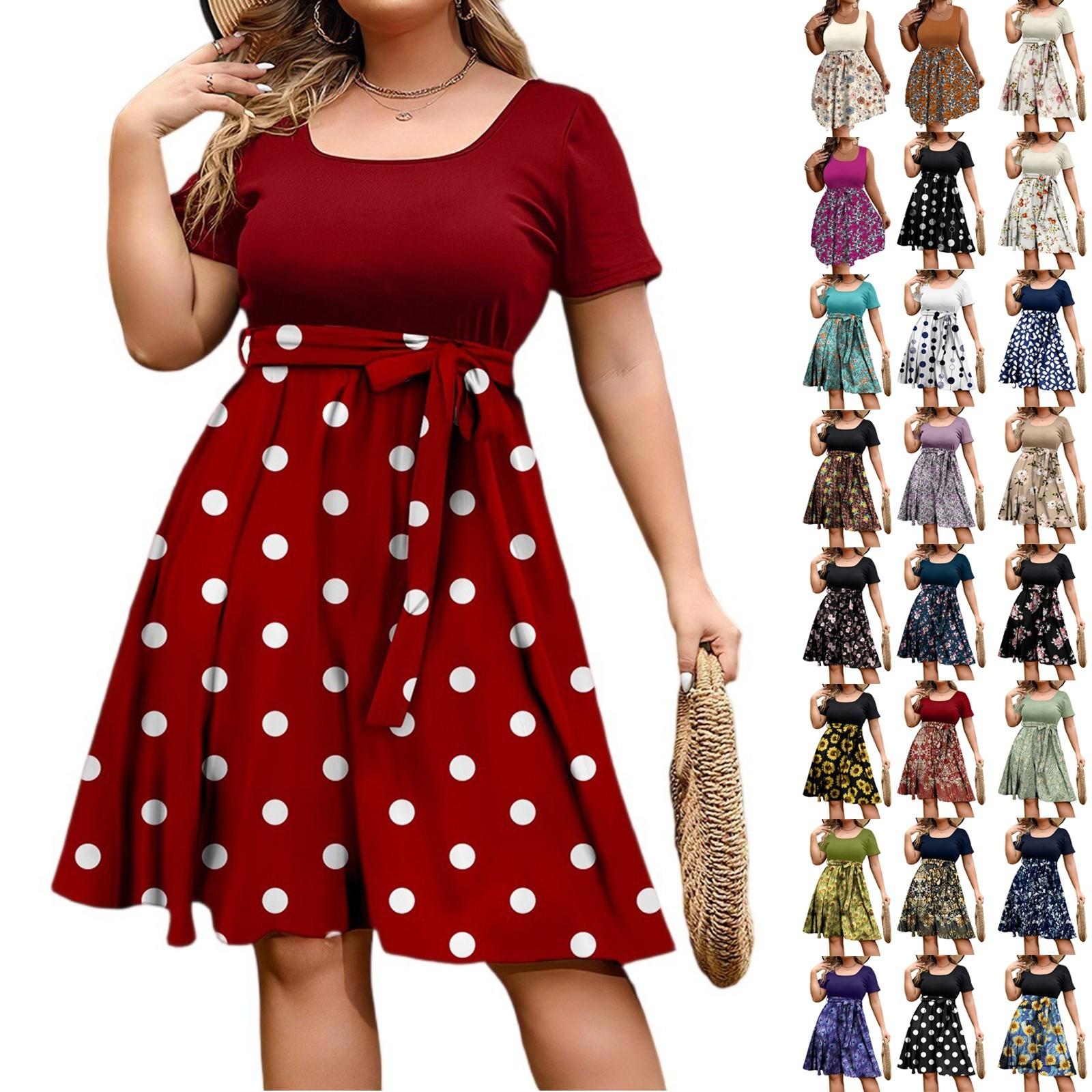 

Жіноча модна та трендова сукня з круглим вирізом, короткими рукавами та принтом на талії, великого розміру XXXL червоний