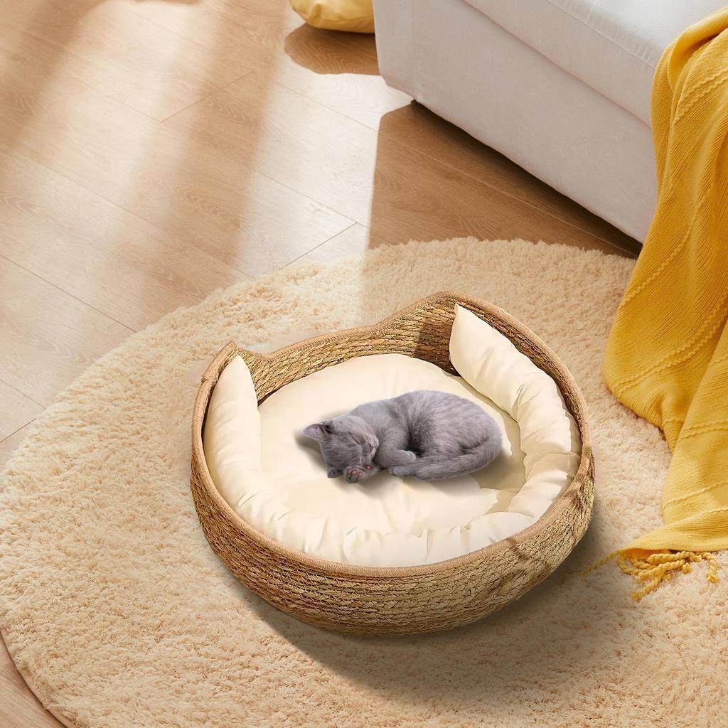 Woven Cat Bed Cat Woven Nest Bed with Soft Cushion and Pillow All Season Weaving Pet Sleeping Resting Scratching Furniture