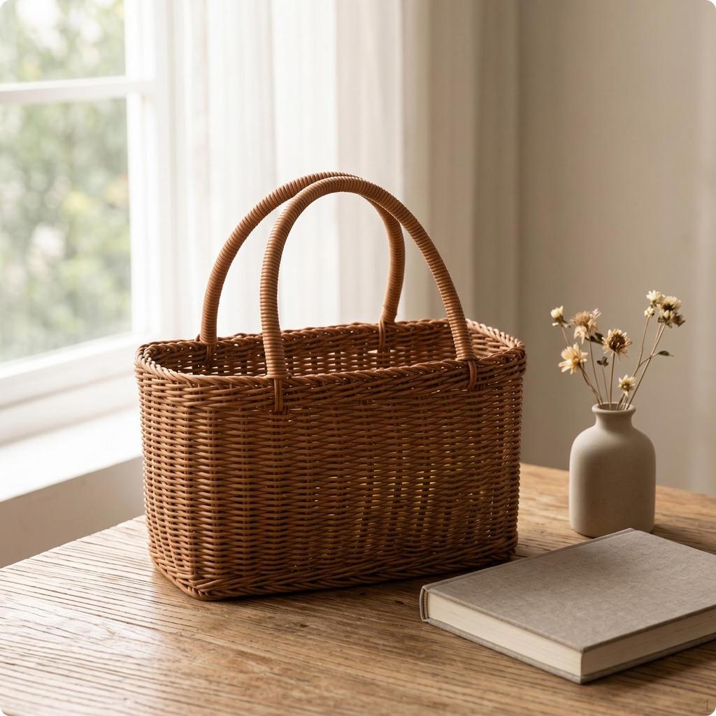Rectangular Wicker Basket OpenTop Rattan with Handle Structured for Shoppers, Picnickers,