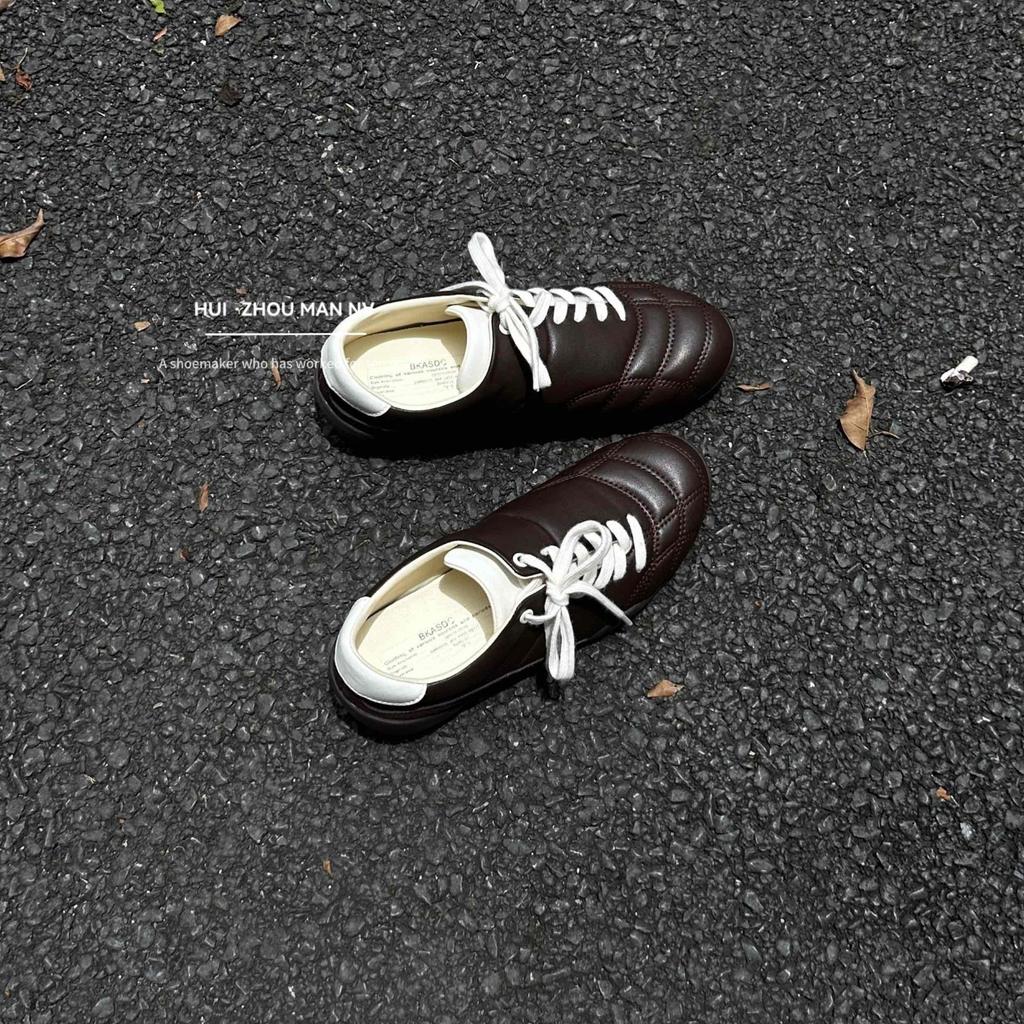 Cowhide Version~ Spring and Autumn Niche Inner Height-increasing Thick-soled Oblique Lace-up German Training Shoes Women's Flat Baseplate Shoes Sports