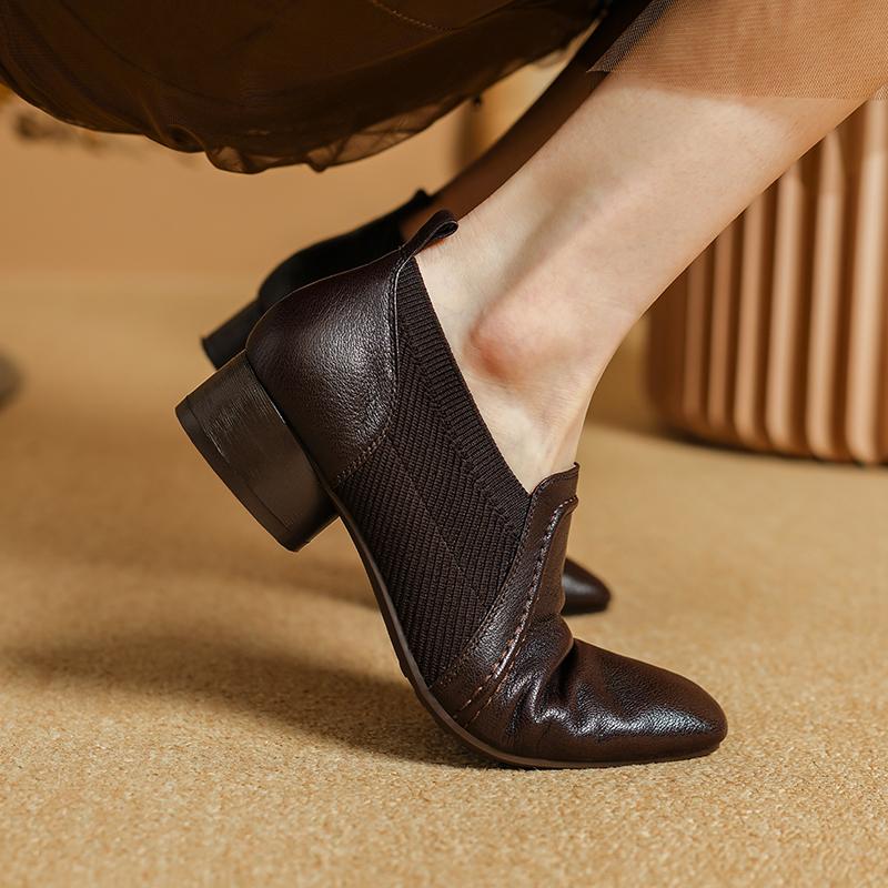 Fashion 2025 Autumn New Genuine Leather Soft Work Shoes Women High Heel Stretch Square Toe Slip on Brown Khaki British Style Heels Women