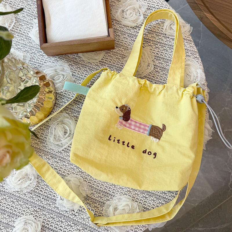 Cute Embroidery Women'S Drawstring Shoulder Bag Cartoon College Girls Book Tote Shopping Bags Large Capacity Female Handbags