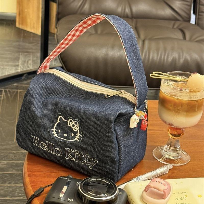 Cute kitty denim retro handbag high value large capacity portable handbag women s cosmetic bag