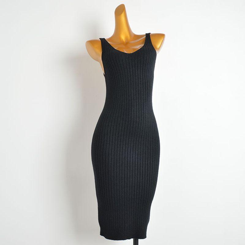 

Spring & Fall Pure Color Pairs V Neck Sleeveless Camisole Knitting Dress Women s Clothing Silm Inner Match Mid-Length Bodycon Dress Black One size