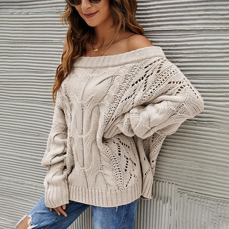 Europe and The United States Autumn and Winter Loose Knitted Plus Size Strapless Sweater One Neck Solid Color Women Pullover