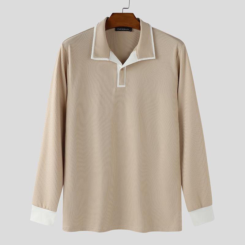 

INCERUN Autumn Men Lapel Neck Stitching Long Sleeve Rib Casual Loose Pullover Tops S