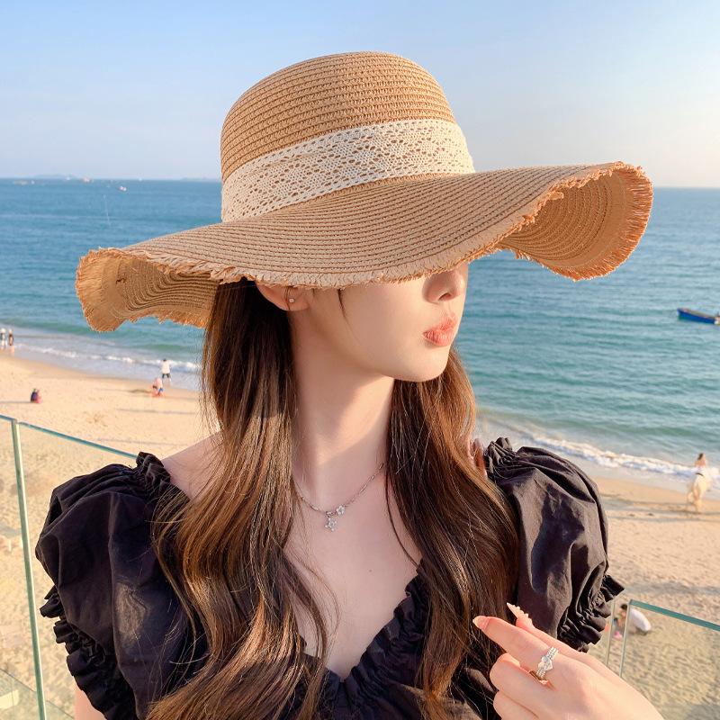 Straw Hat Women'S Summer Sun Protection Extra Large Brim Sun Hat Beach Seaside Vacation Sun Hat Foldable Hat Tide