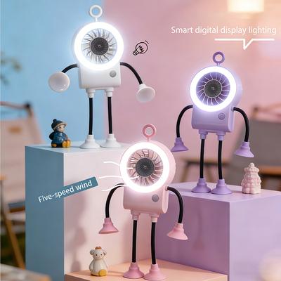 2026 Summer New Cute Cartoon Robot Handheld Fan LED Light Digital Display USB Rechargeable Lithium Battery Portable Cooling Fan