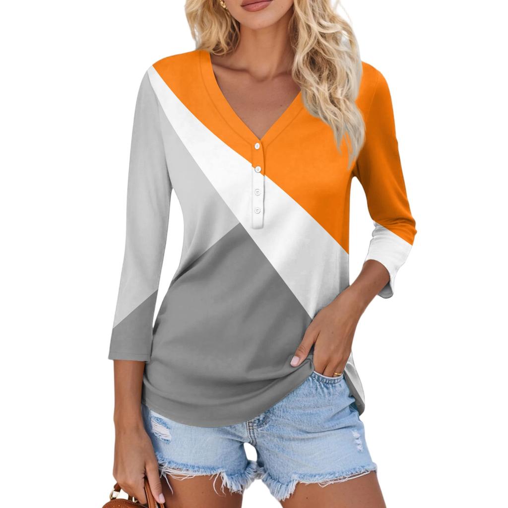 Damen Casual Mode Sexy Bequem V-Ausschnitt Knopf Streifen Patchwork Farbe Dreiviertelarm Oberteil