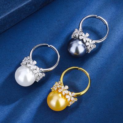 Gioielli Rame Placcato Platino Intarsiato Perla Fritillaria Diamante Floreale Temperamento Anello da Donna 14mm