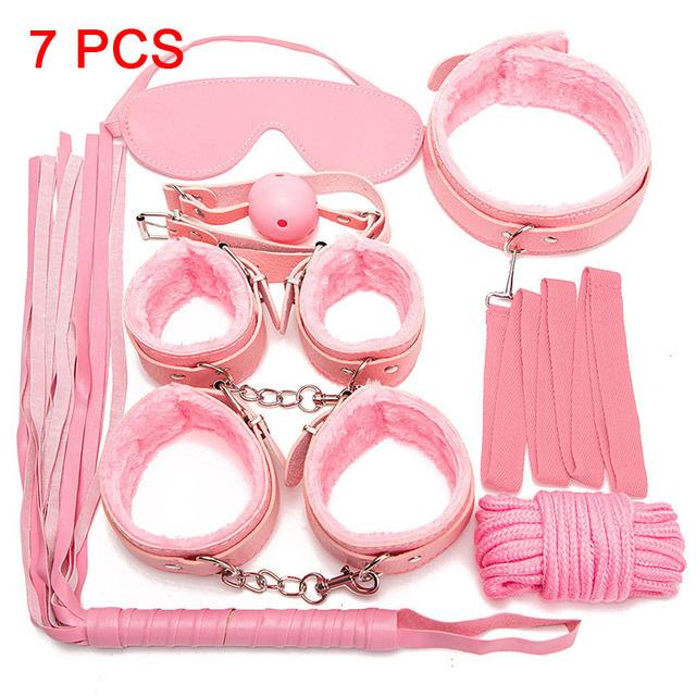 7 pezzi/set Divertimento per adulti Manette in pelle e peluche Manette per piedi Clip a croce per seno Giocattolo SM