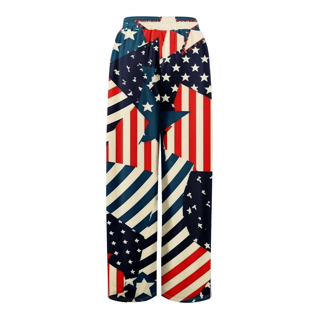 Damen Sommer Boho Palazzo Hose Hohe Taille Weites Bein Independence Printing Freizeithose mit Taschen