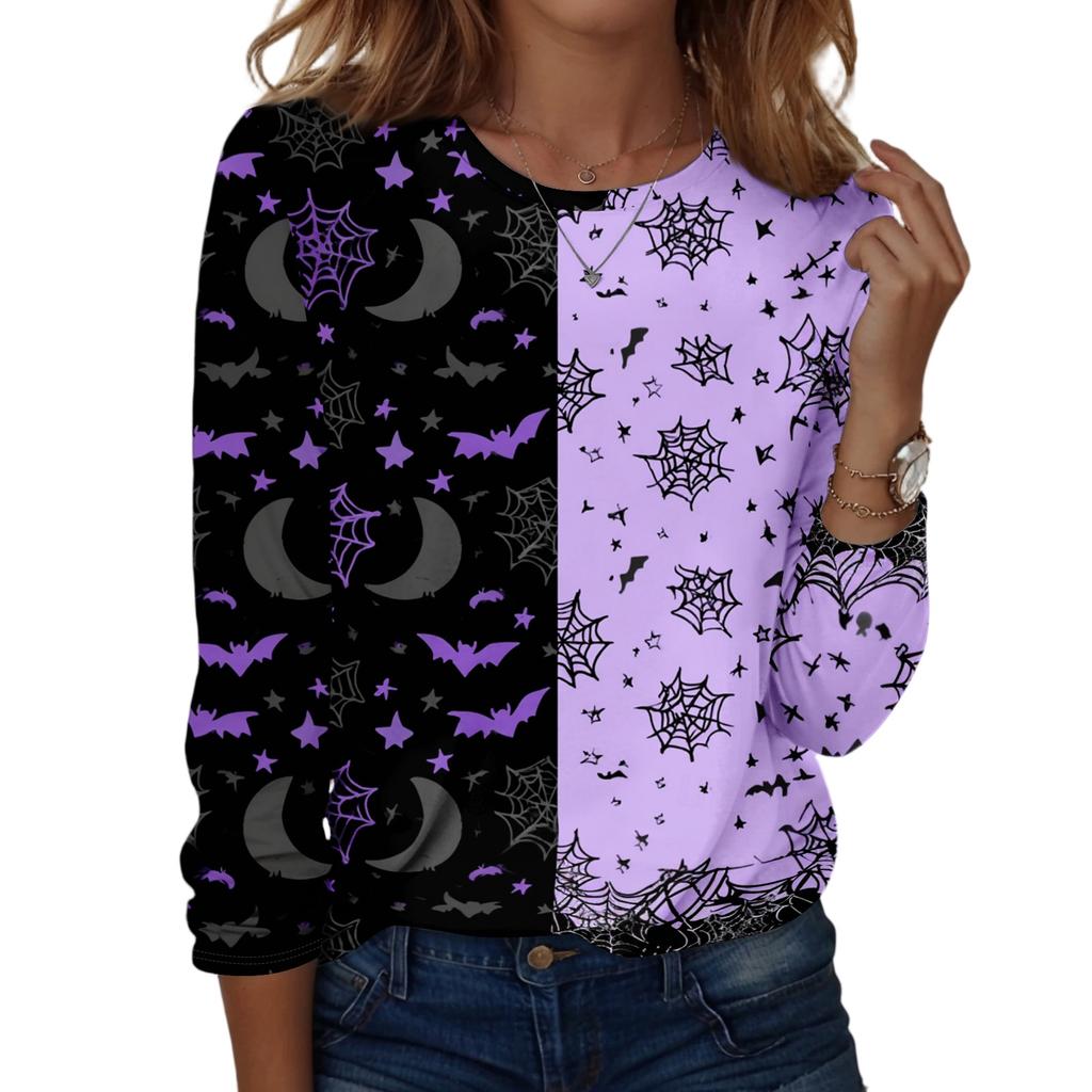 Women's Long Sleeve Casual Pullover Sweatshirt Halloween Ghost Pattern Round Neck Top Lightweight Comfortable Fit