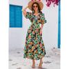 Women's Bohemian Vacation Style Printed Deep V Short-sleeved Dress Cinched Waist Beach Dress
