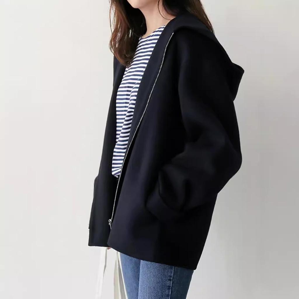 Women's Short Loose Fit Hooded Wool Coat - Korean Style, Solid Color, Petite, Casual, Autumn/Winter. In Stock, Ships Same Day.