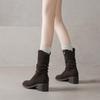 Krazing Pot Cow Suede Nubuck Round Toe Thick Heels Western Boots Size 42 Slip on Women Pleated Decoration Mid-calf Boots