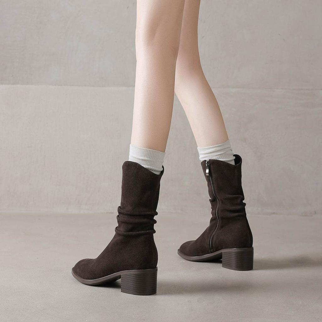 Krazing Pot Cow Suede Nubuck Round Toe Thick Heels Western Boots Size 42 Slip on Women Pleated Decoration Mid-calf Boots