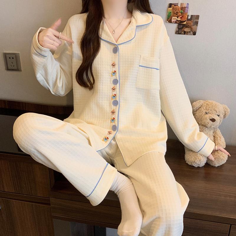 Air cotton pajamas women's autumn and winter long sleeves thickened interlayer warm stars cat student loungewear real shot