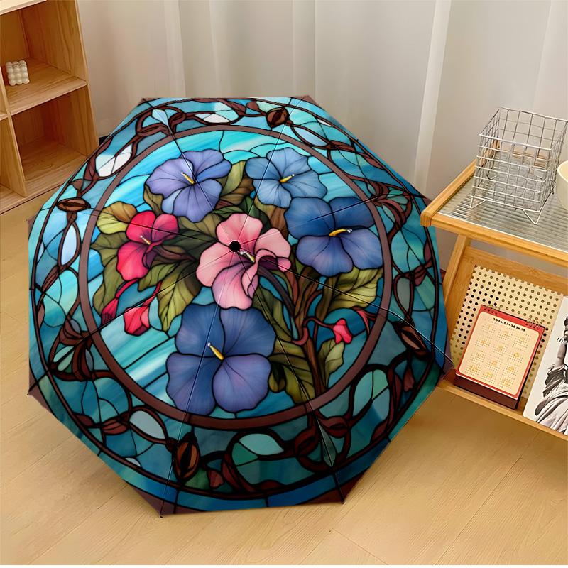 Blumenkunst-Thema Automatischer Regenschirm Kompaktes 8-Rippen-Design Stabile Konstruktion Langlebiger Regenschirm Stilvolles Accessoire