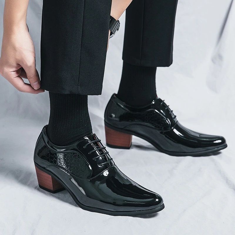 Fashion Pointed High Heel Leather Shoes For Men In British Business And Casual Heightened Wedding Shoes Korean Style Shiny Hairstylist