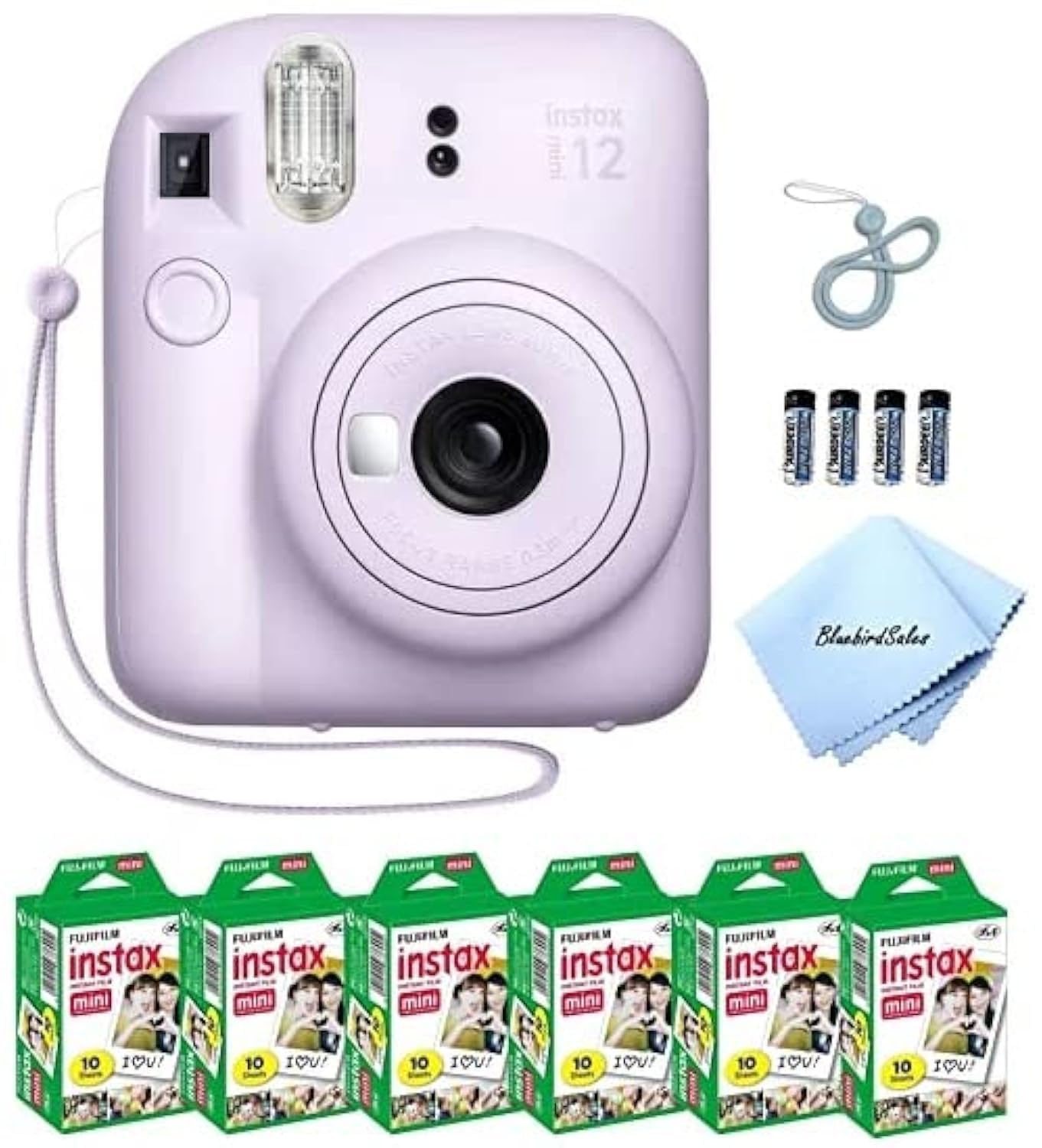 

Fujifilm Mini 12 Instant Camera Starter Set Mini Film Value Pack (60 sheets) + 4 AA batteries + Lens Cleaning Cloth (Lilac Purple)