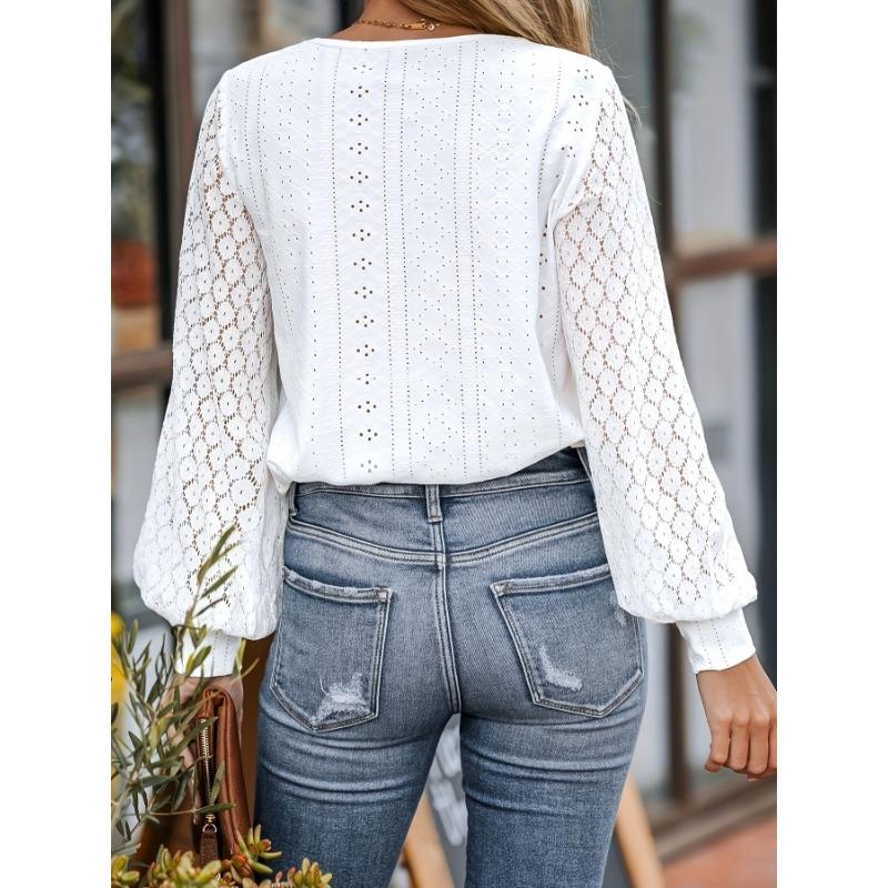 Women's V-neck Lace Patchwork Lantern Sleeve Shirt