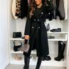 Women's Commuting Coat Winter Temperament Street Trend Solid Color Double Breasted Buckle Long Sleeve Tied Woolen Coats