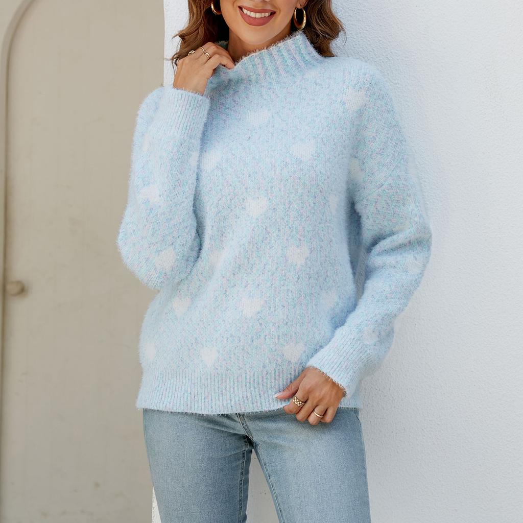 Women's Fashion Chenille Love Sweater Autumn And Winter Half Turtleneck Loose Knitted Sweater