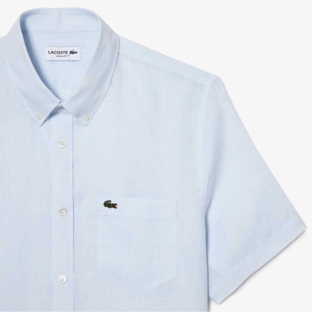 LACOSTE Men s Linen Short Sleeve Shirt [Sky Blue]