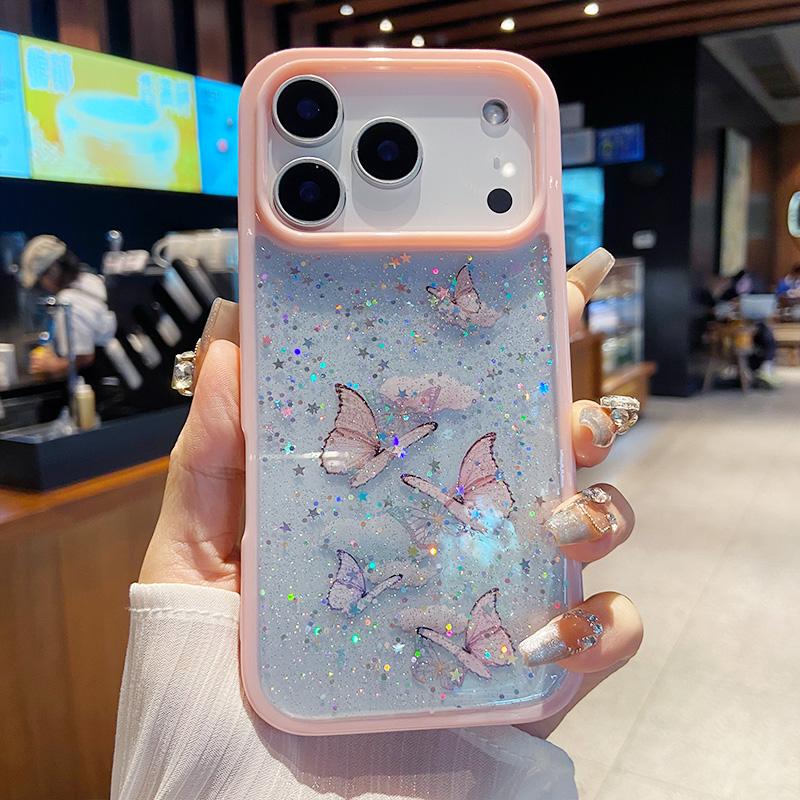 Bling Glitter Butterfly Phone Case for IPhone 17air 16 12 13 14 15 Pro Max Transparent Candy Color Epoxy Silicone Back Cover