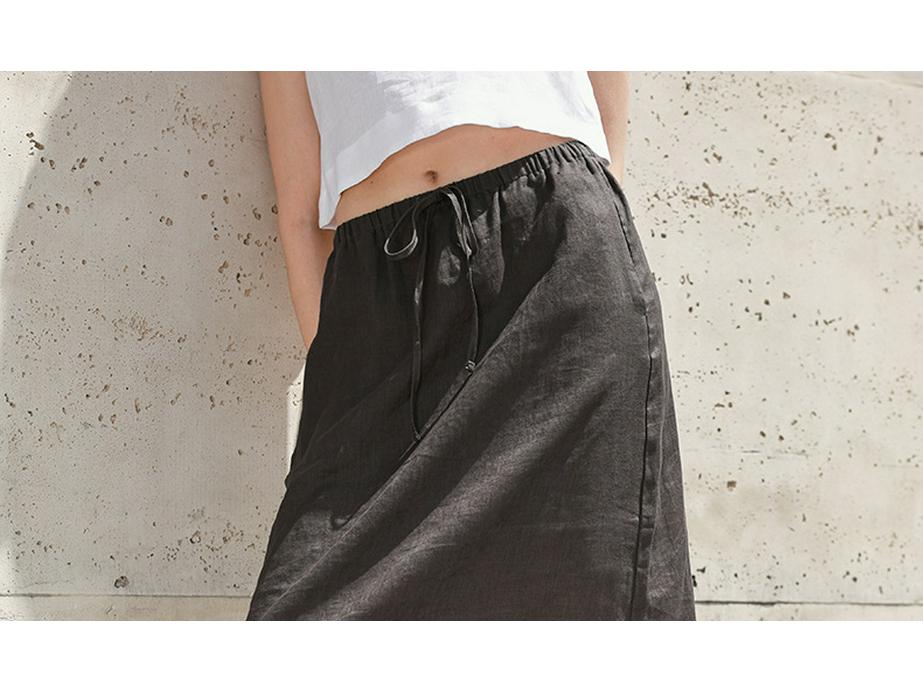 Vintage A-Linien Patchwork Midi-Rock aus reinem Leinen mit elastischem Bund und Schlitz hinten