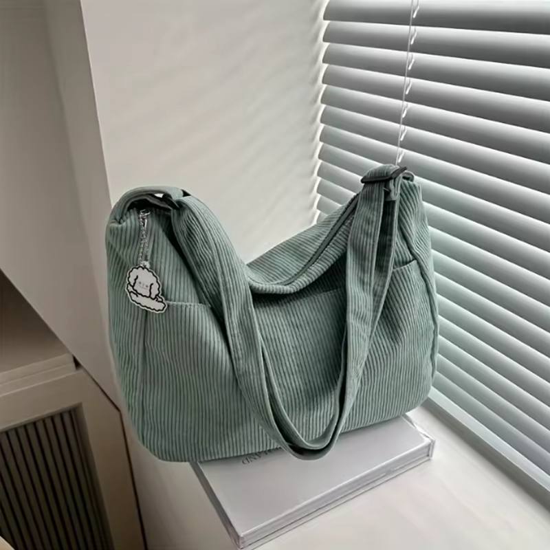 Женская вельветовая сумка через плечо, повседневная полосатая сумка-тоут большой вместимости на молнии, милая нашивка в виде шляпы, идеально подходит для повседневного использования