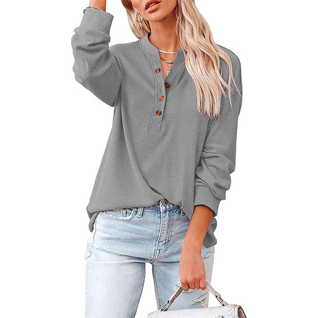 Women's Casual T-Shirt Buttons V-Neck Solid Long-sleeved Knitted Shirt Blouse Tops