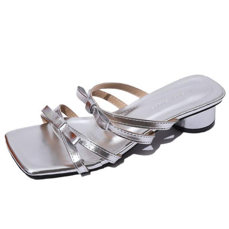 Thick heel bow small cool slippers fairy shoes wear new summer skirt pink sandals