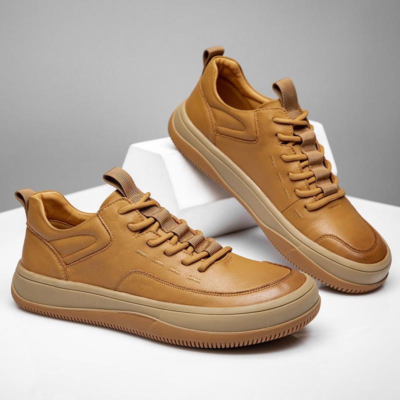 Spring Leather Men's Sports Shoes Versatile Wide Head Leather Shoes Platform Non-slip Casual Board Shoes Men's Trendy Brand
