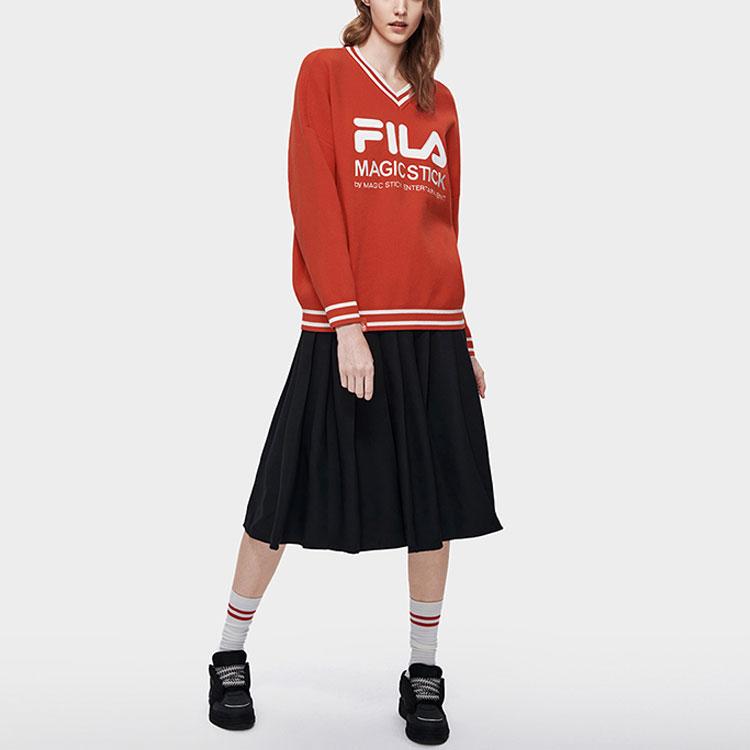Fila Logo Print V-Neck Long Sleeve Sweater Women sweater Red F11W319401F-OR