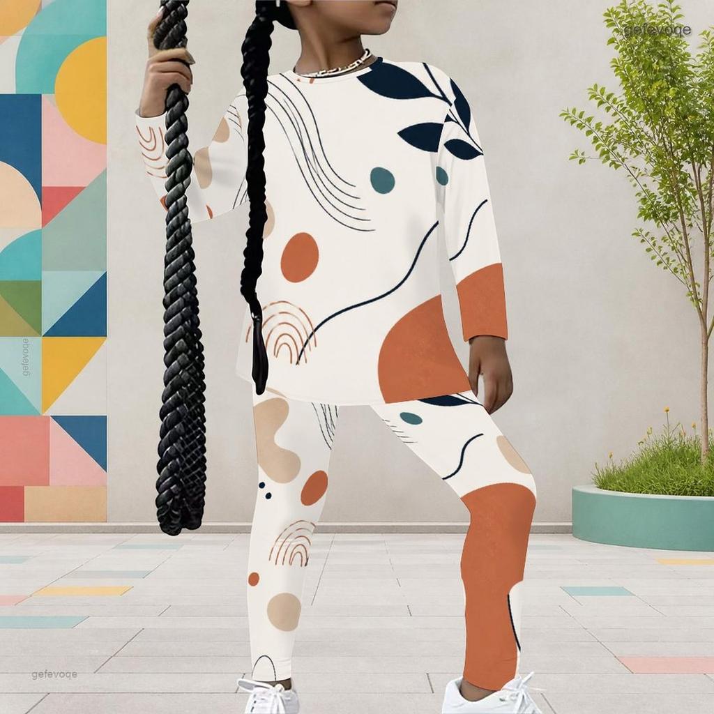 Girls Abstract Printed Round Neck Long Sleeve Top And Fitted Pants Two Piece Set