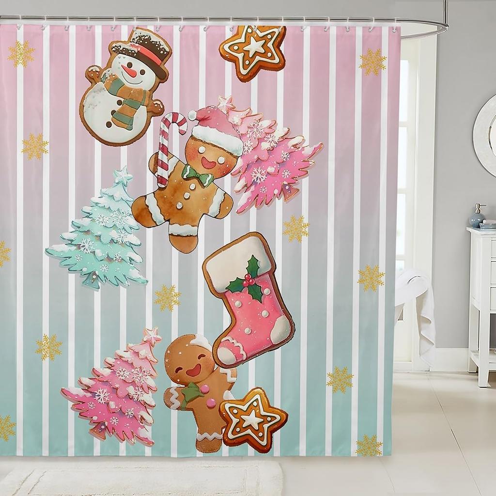 Merry Pink Christmas Shower Curtain,Cartoon Gingerbread Man Bathroom Curtain,Snowflakes Candy Fabric Shower Curtains,Happy New