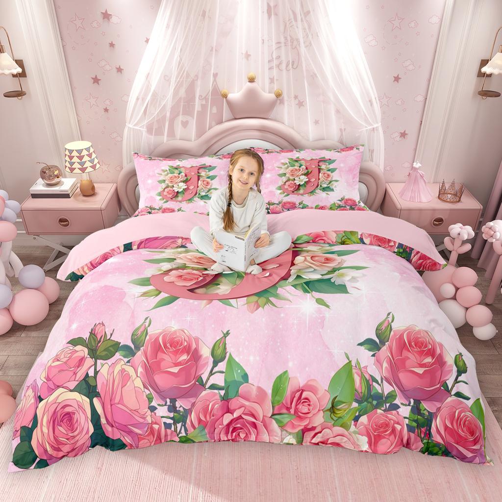 Homewish Girly Cute Pink Duvet Cover Set For Kids Girls Initial Letter A To T Bed Set Chic Floral Flower Quilt Cover Set