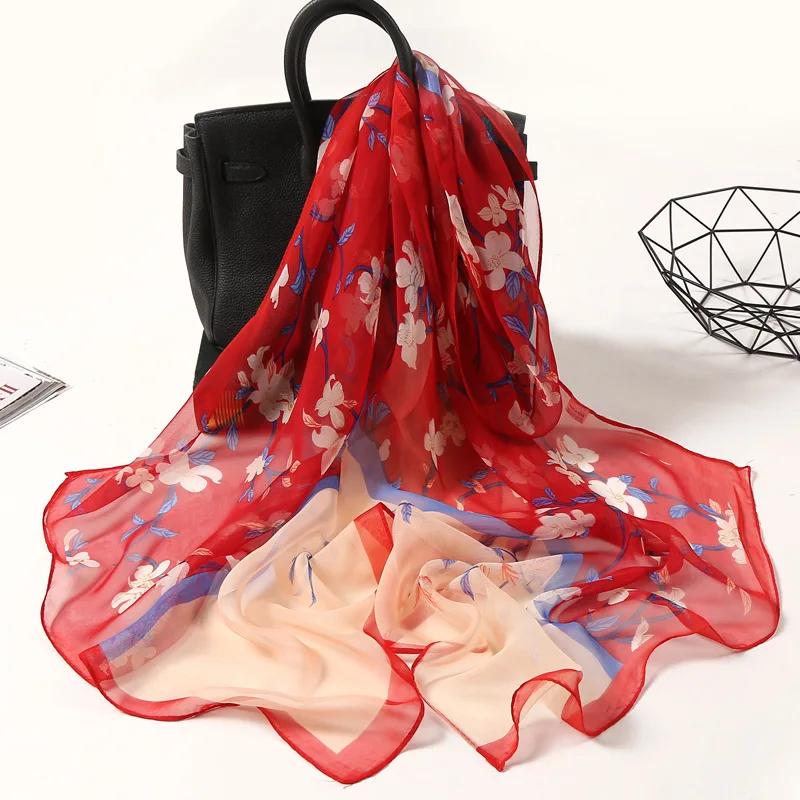 Seidenschals Damen Chiffon Wickeltücher Schals Dünner Hijab Schal Für Damen Blumendruck Bandana Kopftücher Sonnenschutz Langer Halsscarf