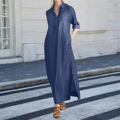 Women's Denim Maxi Dress Casual Roll-up Sleeve Split Dress with Pockets Plus Size