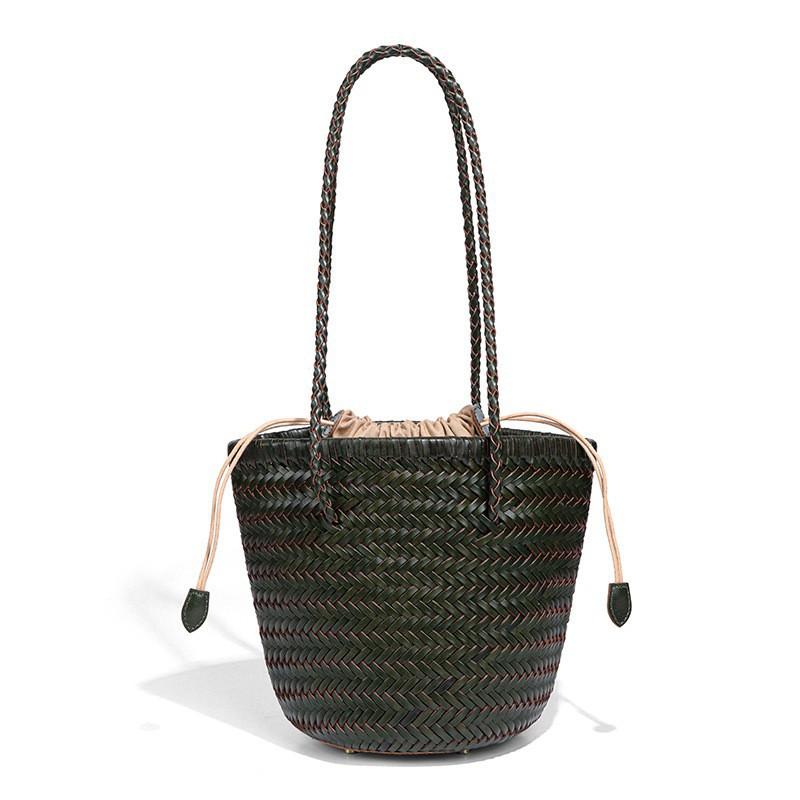 

French Retro Top-layer Cowhide Hand-woven Bag Single-shoulder Bucket Niche Authentic Leather Vegetable Basket
