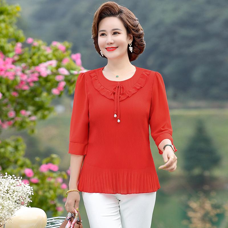 Women Summer Three-quarter Ruffle Sleeves Tops Female Lace Round Neck Blouse Shirt Middle Aged Mother Loose Solid Chic Blouses