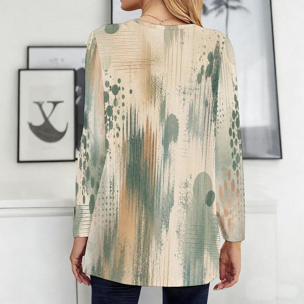 Women Plus Size Round Neck Long Sleeve Geometric Printed Loose Longline T Shirt With Pockets
