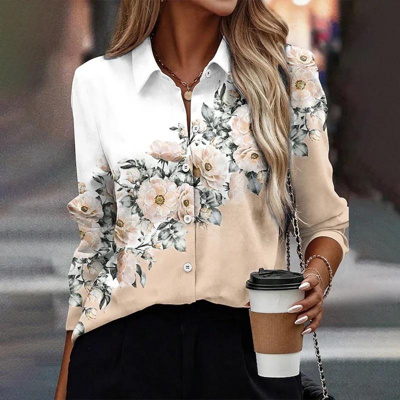 Elegant Long-sleeved Shirts for Women, Casual Blouses with 3D Flower Print Designs Spring Shirts