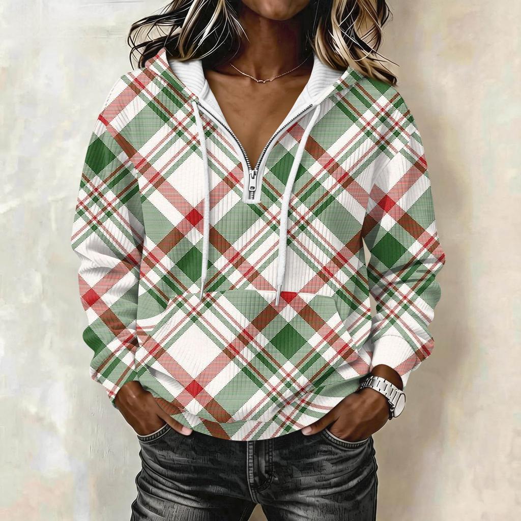 Women's Long Sleeve Drawstring Hoodie with Striped Plaid Print Pullover Sweatshirt