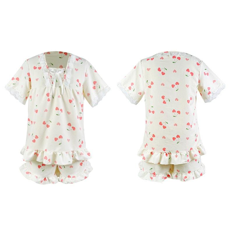 Women's Cherry Print Short Sleeved Shorts Pajama Set Sweet Lace Border Home Wear Loose And Breathable Two-piece Set