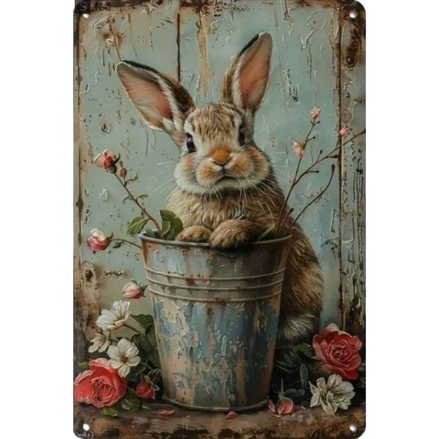 Easter Metal Wall Art Decor Vintage Cartoon Bunny Rabbit Rustic Tin Sign Home