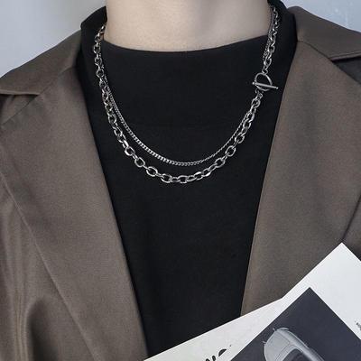 Japanese & Korean Double-Layer Clavicle Chain: Hip-Hop Titanium Steel OT Necklace with Cross & Star for Men & Women